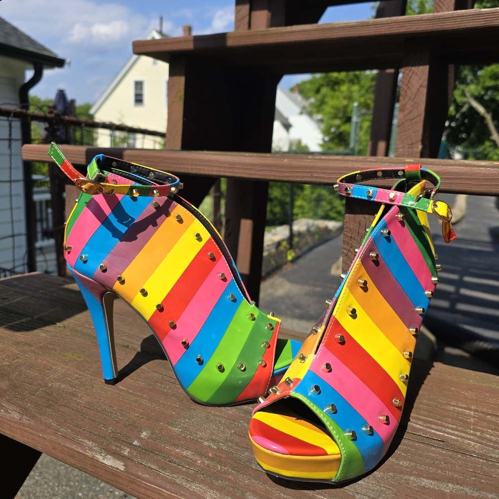 Vibrant Striped Rainbow Heels with Studs